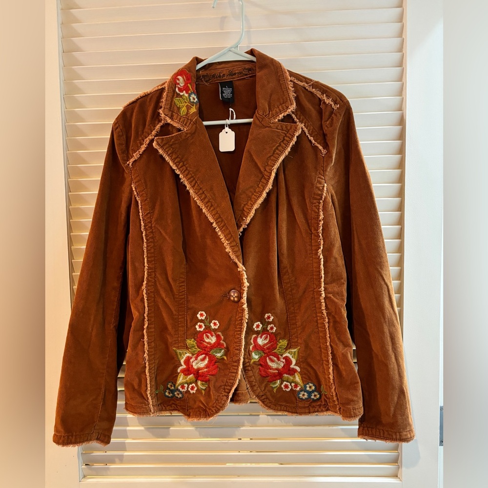 KiKit Jeans Corduroy Jacket with embroidered flowers. Size Large
